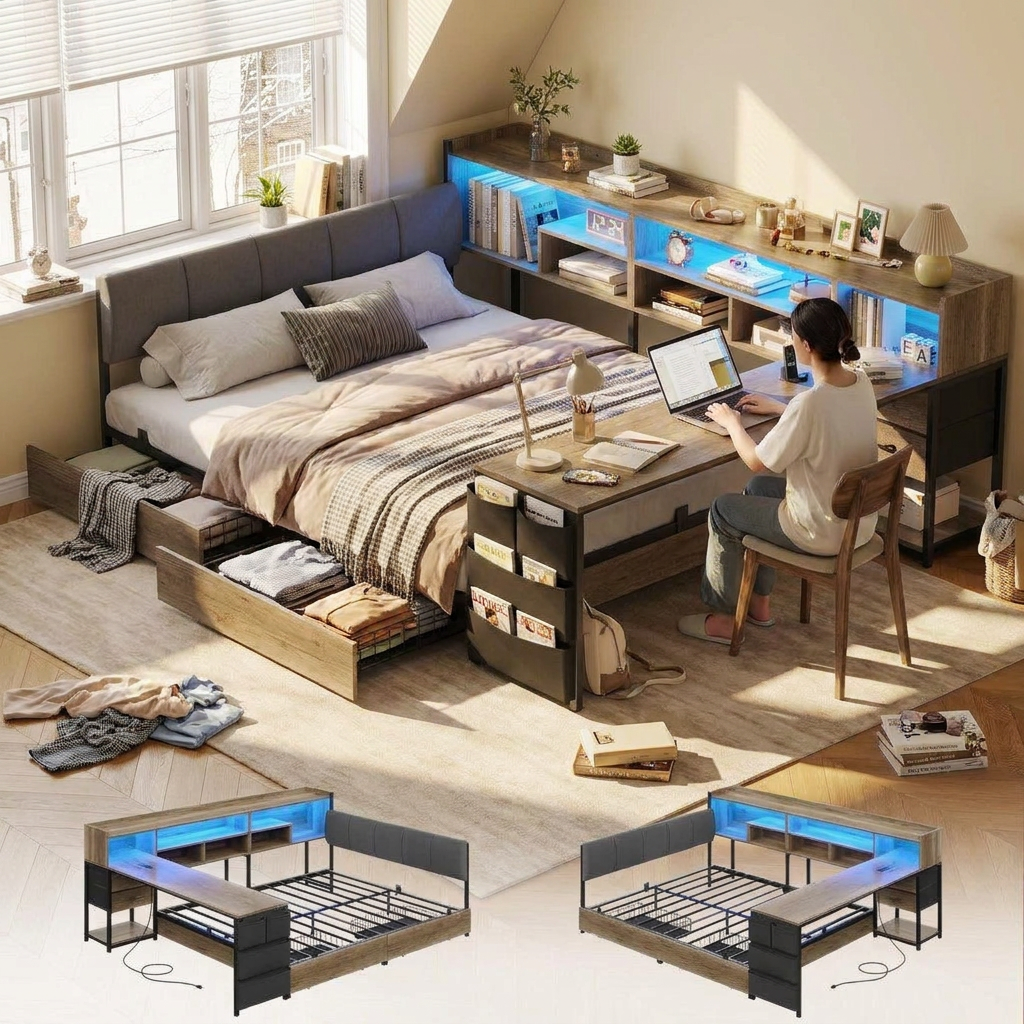 Corner Storage Bed Full with Desk Headboard 4 Drawers 6 Shelves LED USB Small Room