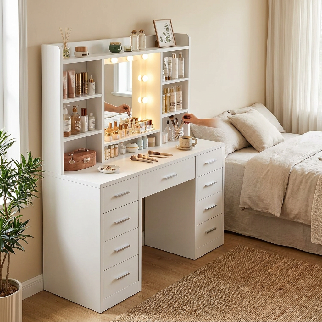 Makeup Vanity with Lighted Mirror & Power Outlet, 9 Drawers & 6 Storage Shelves