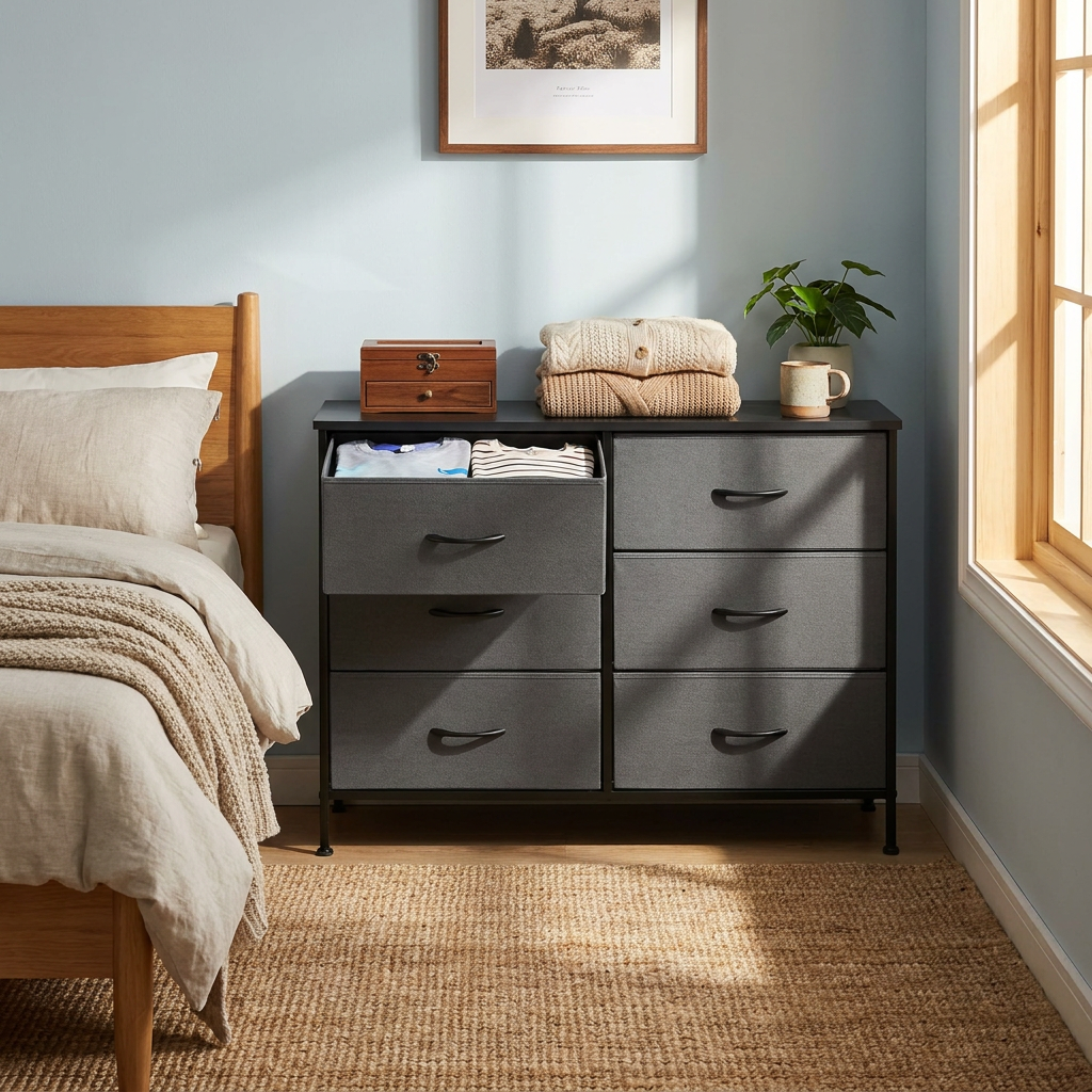 JHK 6 Fabric Drawers Nightstand For Bedroom Bedside Sofa Table With Storage