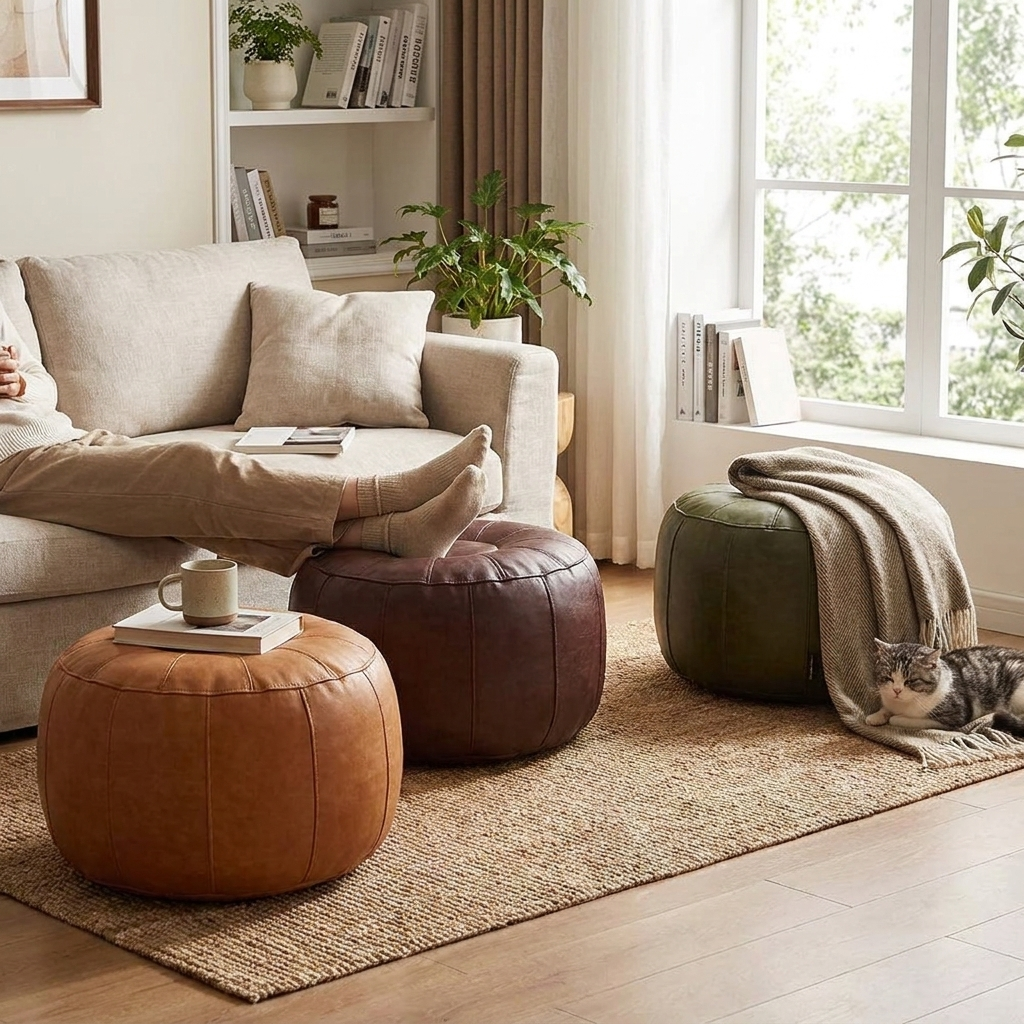 PU Leather Unstuffed Storage Leg Bench Round Storage Pouf Minimalist Nordic Sofa Footstool
