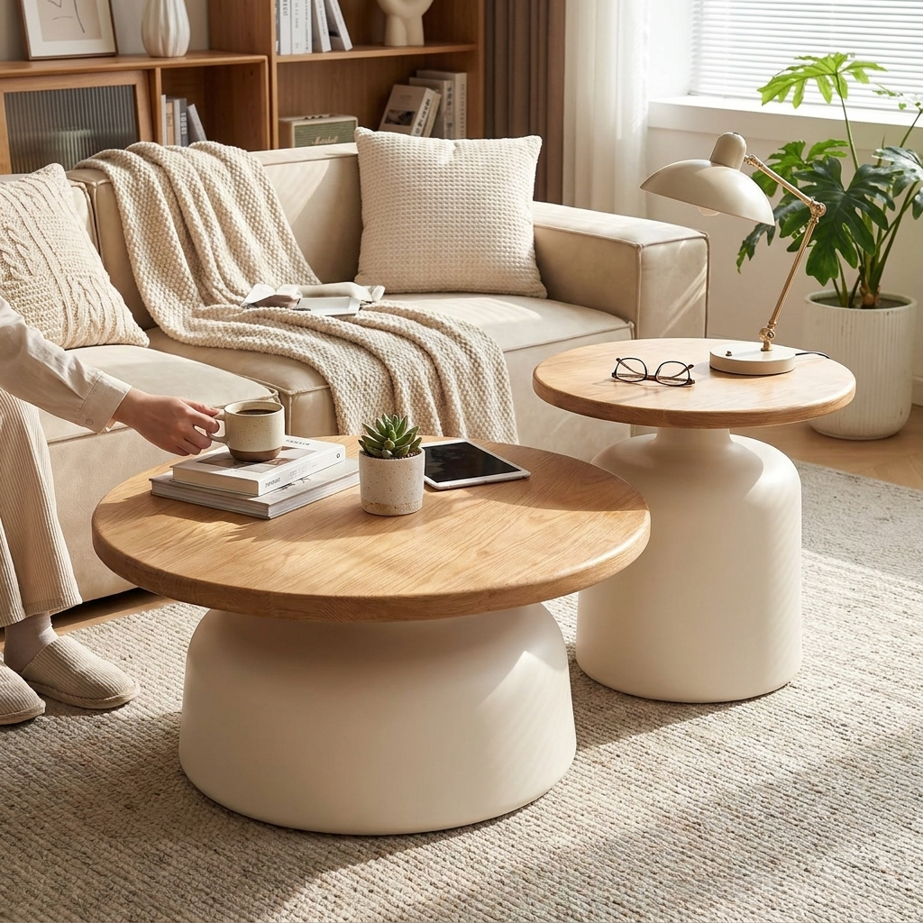 Wooden Round Coffee Table Minimalist Bedside Stand Creamy Nordic Living Room Balcony Side Table