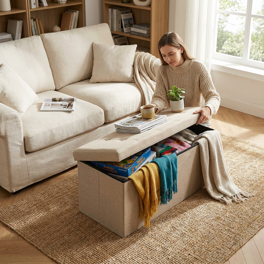 SONGMICS Storage Bench, Folding Pouf, Load up to 300 kg